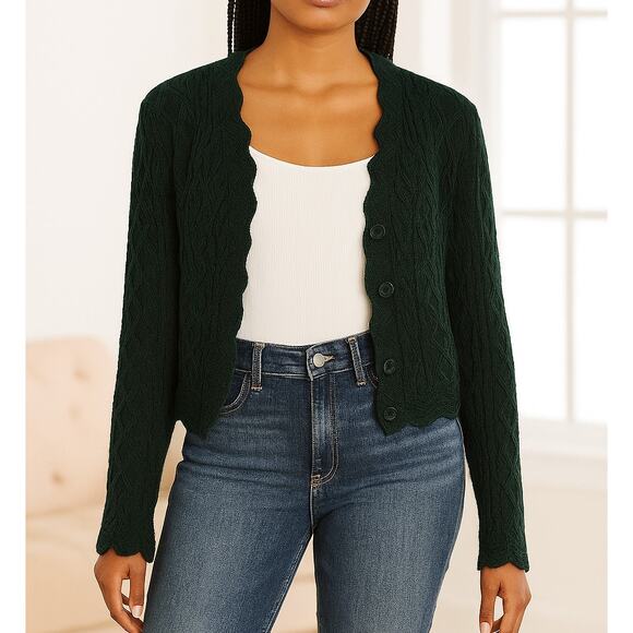 House of Harlow Long Sleeve Cropped Scalloped Cardigan Sweater Green Small - Picture 1 of 6